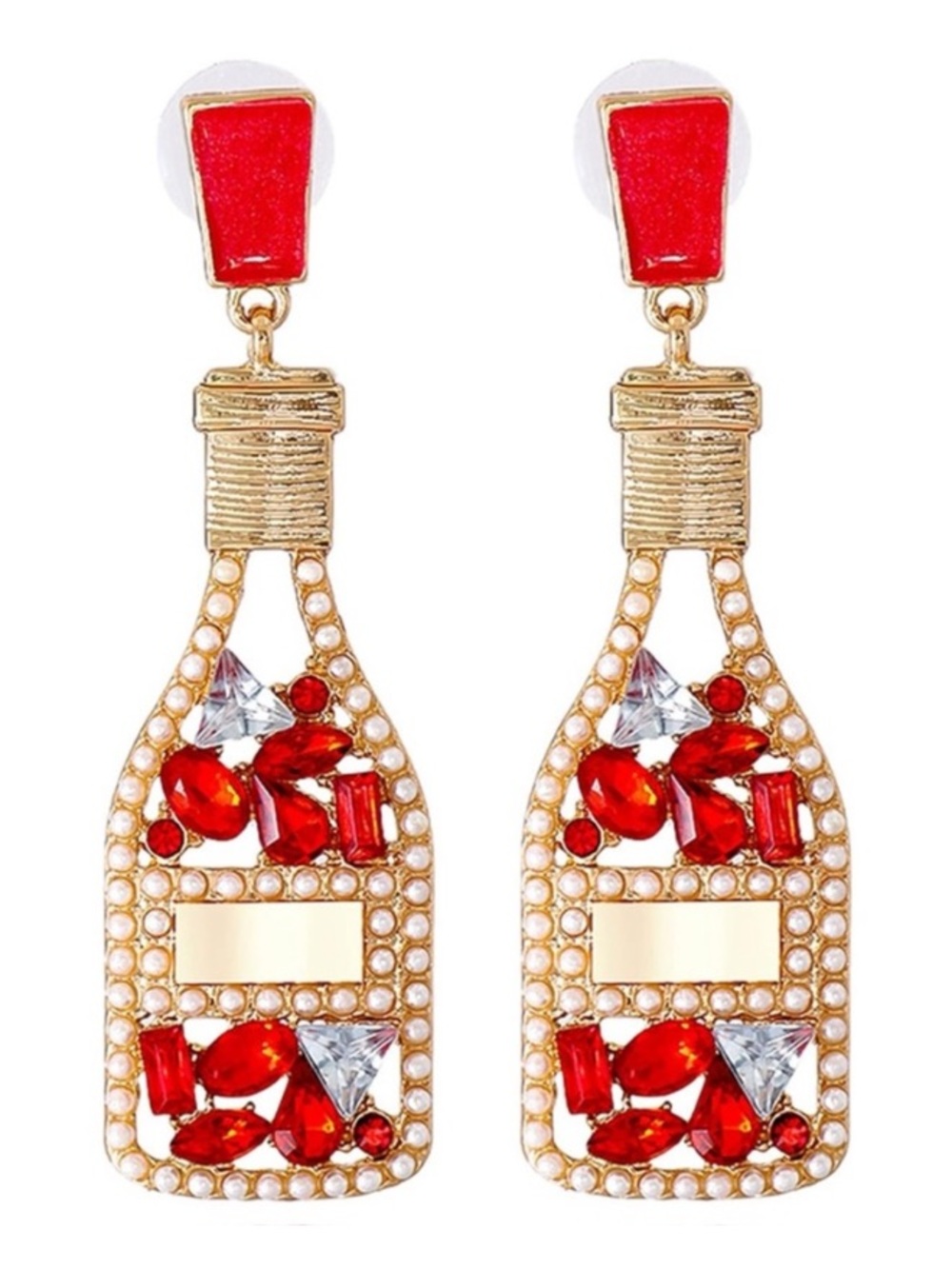 Champagne Bottle Drop Earrings - Gold Red Crystal Rhinestone Statement Earrings